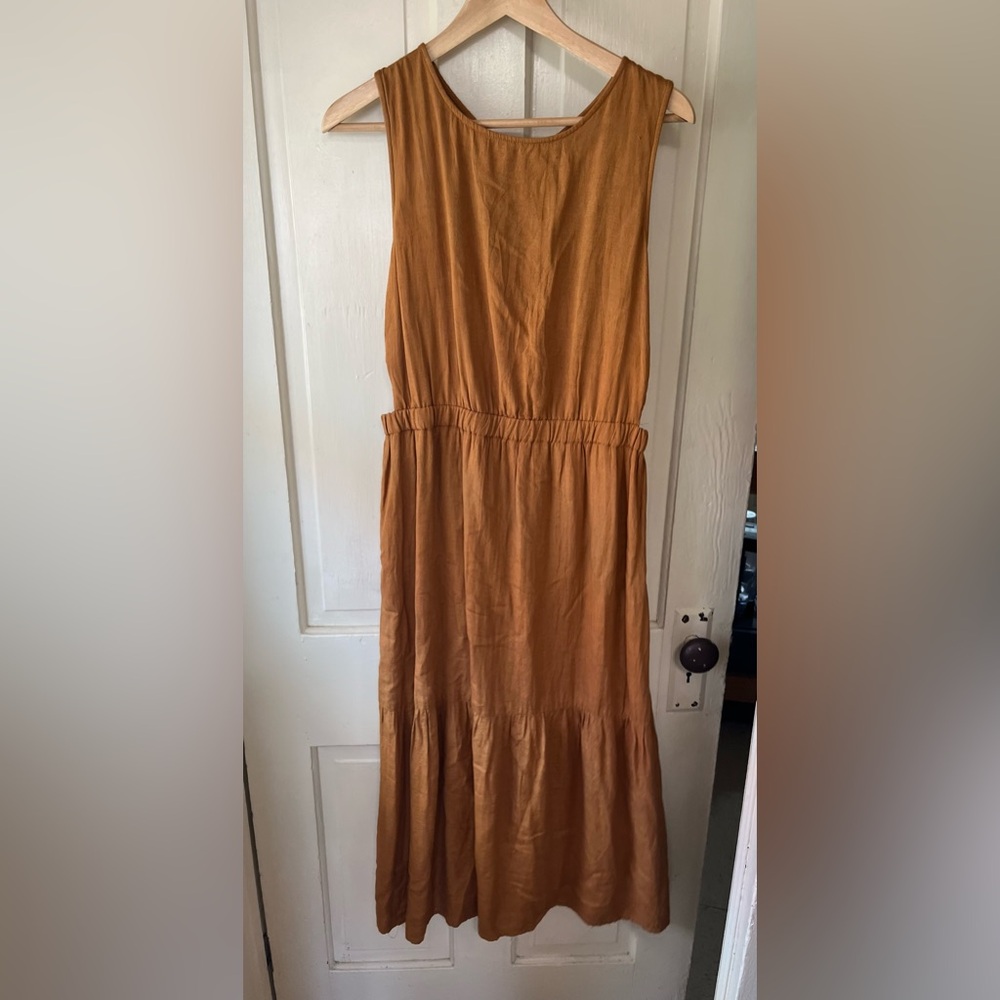 Linen blend yellow ochre summer dress, tiered with elastic waist and back panel